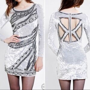 Kimchi Blue Grey and Silver Beaded crushed Velvet Long Sleeve Mini Dress - XS